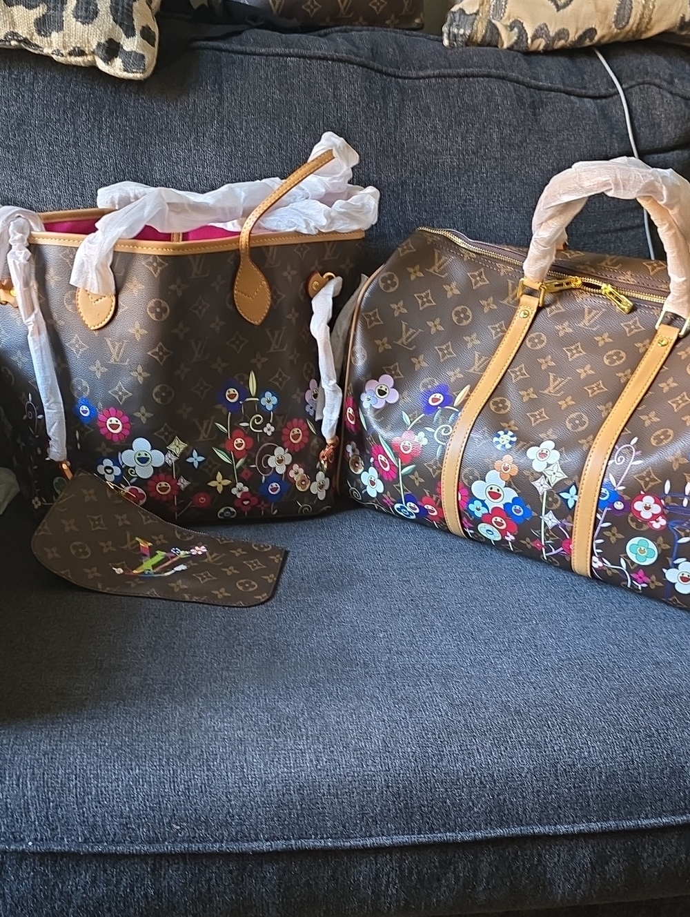 Super Smiley Garden Coated Canvas Allways Filled Travel Tote LVUO MM w/45 Duffle